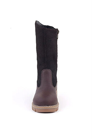 Rakerplus Hakiki Deri Kahverengi Fermuarlı Uzun Kız Çocuk Çizme