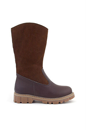 Rakerplus Hakiki Deri Taba Kahve Fermuarlı Uzun Kız Çocuk Çizme