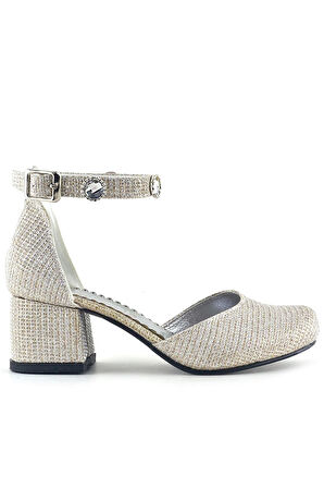 Merida Light Gold Simli Kalın Topuklu Taş Detaylı Kız Çocuk Topuklu Ayakkabı