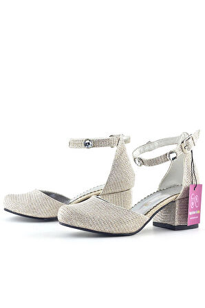 Merida Light Gold Simli Kalın Topuklu Taş Detaylı Kız Çocuk Topuklu Ayakkabı