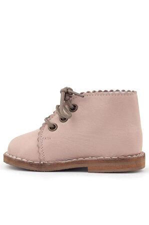 Rakerplus Handmade Hakiki Deri Pembe Çiçek Detaylı Bağcıklı Bebek Bot