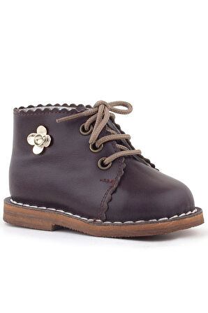 Rakerplus Handmade Hakiki Deri Kahverengi Çiçek Detaylı Bağcıklı Bebek Bot