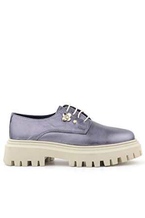 Rakerplus Platin Hakiki Deri Çiçek Detaylı Bağcıklı Oxford Günlük Ayakkabı