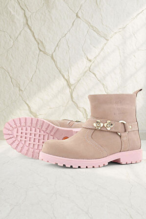 Rakerplus Chiron Hakiki Deri Pembe Fermuarlı Çiçekli Kız Çocuk Bot