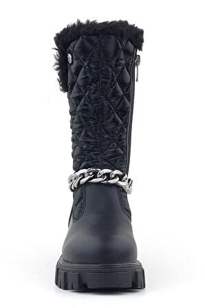 Rakerplus Siyah Uzun Fermuarlı Zincir Detaylı Kız Çocuk Yağmur Çizmesi