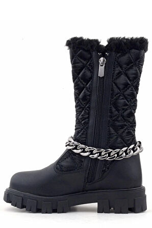 Rakerplus Siyah Uzun Fermuarlı Zincir Detaylı Kız Çocuk Yağmur Çizmesi