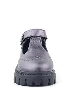 Rakerplus Hakiki Deri Platin Çiçek Detaylı Cırtlı Kız Çocuk Okul Ayakkabı