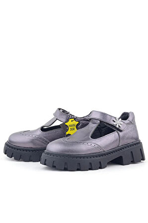 Rakerplus Hakiki Deri Platin Çiçek Detaylı Cırtlı Kız Çocuk Okul Ayakkabı