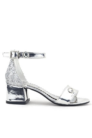 Elsa Gümüş Aynalı Simli Topuklu Taşlı Kız Çocuk Abiye Ayakkabı