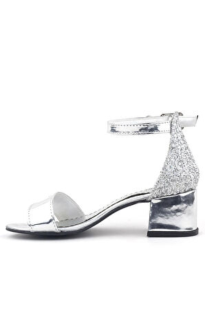 Elsa Gümüş Aynalı Simli Topuklu Taşlı Kız Çocuk Abiye Ayakkabı