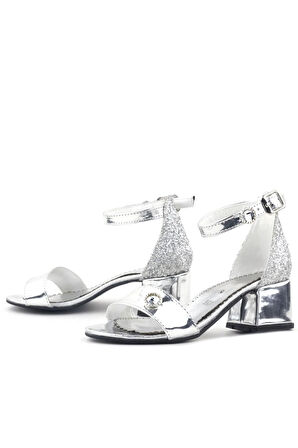 Elsa Gümüş Aynalı Simli Topuklu Taşlı Kız Çocuk Abiye Ayakkabı