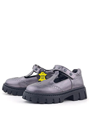 Rakerplus Hakiki Deri Platin Metal Detaylı Cırtlı Kız Çocuk Okul Ayakkabı