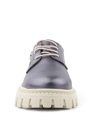 Rakerplus Platin Hakiki Deri Bağcıklı Yıldızlı Kız Çocuk Oxford Okul Ayakkabı