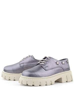 Rakerplus Platin Hakiki Deri Bağcıklı Yıldızlı Kız Çocuk Oxford Okul Ayakkabı