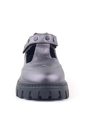 Rakerplus Hakiki Deri Platin Metal Detaylı Cırtlı Kız Çocuk Okul Ayakkabı