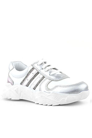 Rakerplus Hakiki Deri Gümüş Pembe Parlak Taşlı Kız Çocuk Sneakers Ayakkabı
