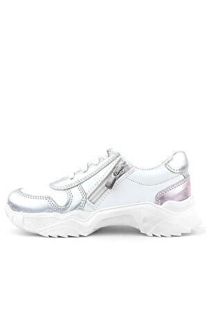 Rakerplus Hakiki Deri Gümüş Pembe Parlak Taşlı Kız Çocuk Sneakers Ayakkabı