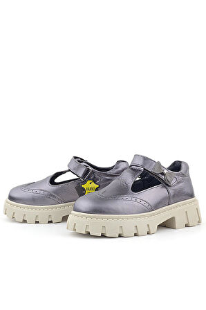 Rakerplus Hakiki Deri Platin Krem Tabanlı Cırtlı Kurdeleli Kız Çocuk Okul Ayakkabı