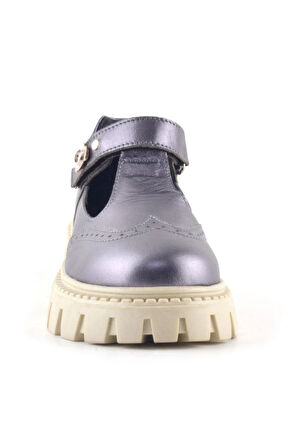 Rakerplus Hakiki Deri Platin Krem Tabanlı Çiçek Detaylı Kız Çocuk Günlük Ayakkabı