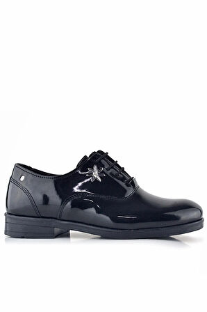 Rakerplus Siyah Rugan Bağcıklı Çiçek Detaylı Çocuk Klasik Ayakkabısı