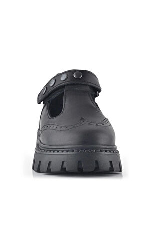 Rakerplus Hakiki Deri Siyah Cırtlı Metal Detaylı Kız Çocuk Günlük Ayakkabı