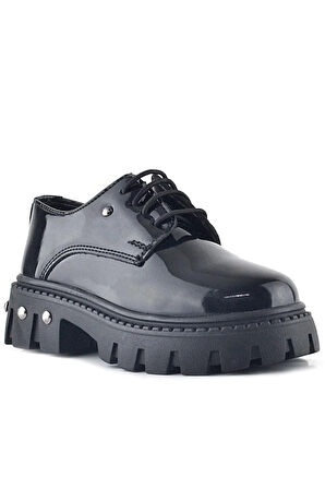 Rakerplus Siyah Rugan Bağcıklı Metal Detaylı Kız Çocuk Oxford Günlük Ayakkabı