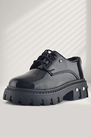 Rakerplus Siyah Rugan Bağcıklı Metal Detaylı Kız Çocuk Oxford Günlük Ayakkabı