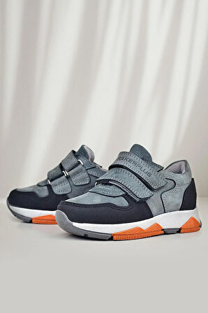 Rakerplus Hakiki Deri Koyu Gri Çocuk Cırtlı Sneakers Spor Ayakkabı