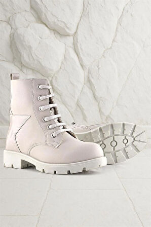 Rakerplus Krem Yıldız Detaylı Bağcıklı Fermuarlı Kız Çocuk Bot