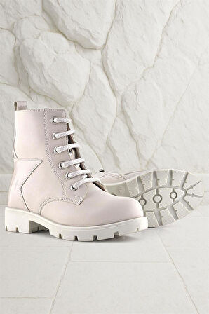 Rakerplus Krem Yıldız Detaylı Bağcıklı Fermuarlı Kız Çocuk Bot