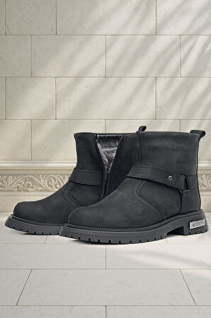 Gerçek Kürklü Hakiki Deri Siyah Nubuk Metal Detaylı Fermuarlı Çocuk Bot