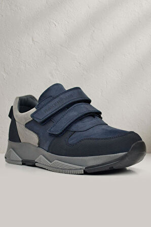 Rakerplus Hakiki Deri Lacivert Cırtlı Gri Tabanlı Çocuk Sneakers Spor Ayakkabı