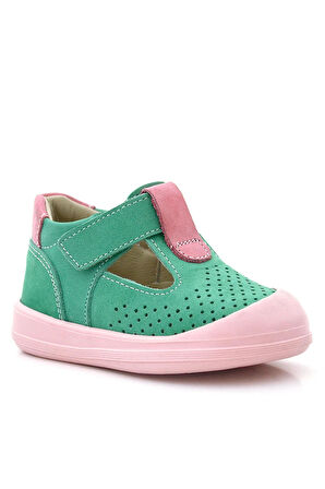 Rakerplus Shaun Hakiki Deri Su Yeşili Pembe Cırtlı Anatomik Kız Bebek Sandalet