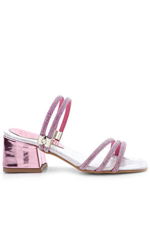 Judy Pembe Gümüş Taşlı Kız Çocuk Topuklu Terlik Ayakkabı