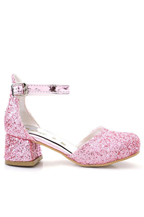 Merida Parlak Pembe Kalın Topuklu Taşlı Kız Çocuk Topuklu Ayakkabı