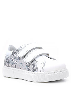 Hakiki Deri Beyaz Cırt Cırtlı Gri Desenli Kız Çocuk Spor Ayakkabı