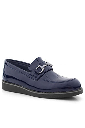 Rakerplus Hakiki Deri Lacivert Rugan Tokalı Loafer Çocuk Klasik Ayakkabı