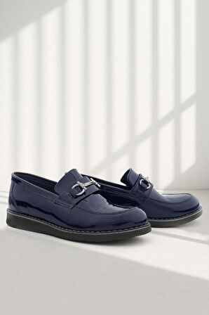 Rakerplus Hakiki Deri Lacivert Rugan Tokalı Loafer Çocuk Klasik Ayakkabı