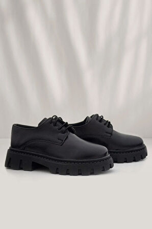 Rakerplus Siyah Kırışık Rugan Bağcıklı Kız Çocuk Oxford Okul Ayakkabı