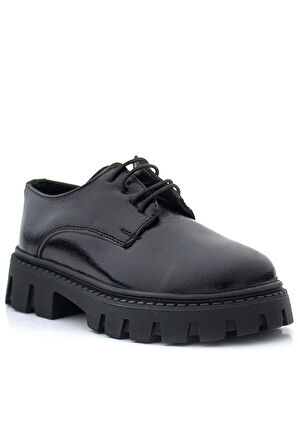 Rakerplus Siyah Kırışık Rugan Bağcıklı Kız Çocuk Oxford Okul Ayakkabı