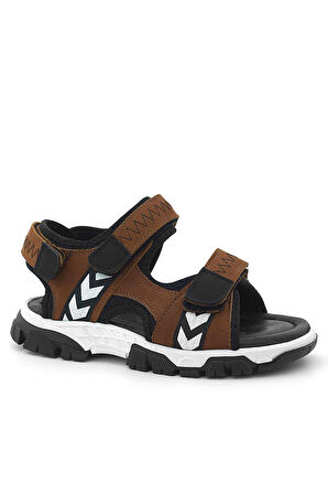 Hakiki Deri Taba Siyah Cırt Cırtlı Erkek Çocuk Sandalet