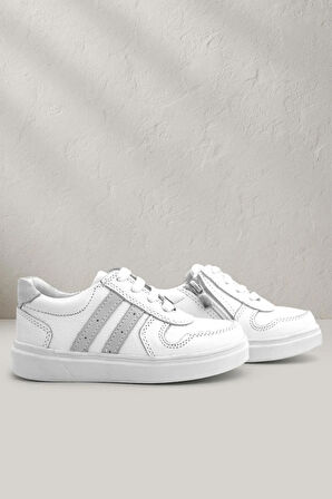 Rakerplus Hakiki Deri Beyaz Bağcıklı Fermuarlı Çocuk Sneaker Ayakkabı