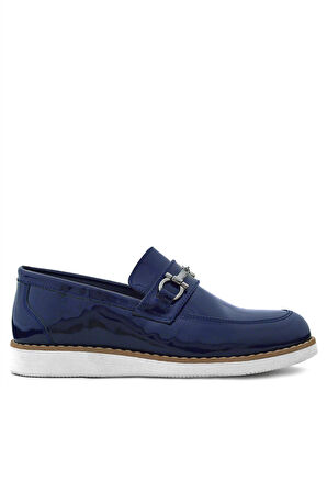 Rakerplus Hakiki Deri Lacivert Rugan Beyaz Tabanlı Loafer Çocuk Klasik Ayakkabı