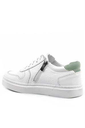 Rakerplus Hakiki Deri Beyaz Yeşil Bağcıklı Fermuarlı Çocuk Sneaker