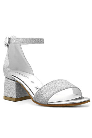 Lilo Simli Gümüş Tek Bantlı Kız Çocuk Topuklu Abiye Ayakkabı