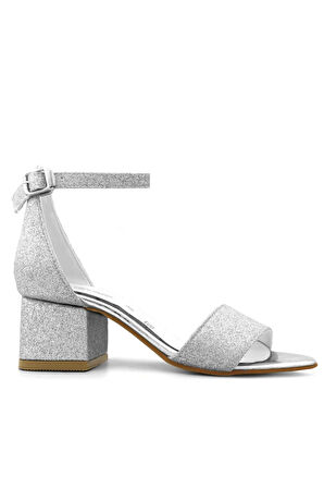 Lilo Simli Gümüş Tek Bantlı Kız Çocuk Topuklu Abiye Ayakkabı