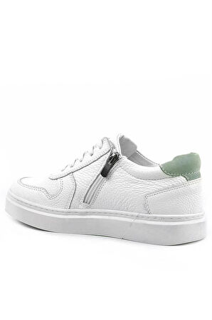 Rakerplus Hakiki Deri Beyaz Yeşil Bağcıklı Fermuarlı Çocuk Sneaker