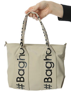 Baghashtag Bej Mini Su Geçirmez Kulp Yazılı Tote Çanta