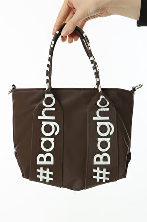 Baghashtag Kahverengi Mini Su Geçirmez Kulp Yazılı Tote Çanta