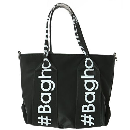 Baghashtag Siyah Mini Su Geçirmez Kulp Yazılı Tote Çanta